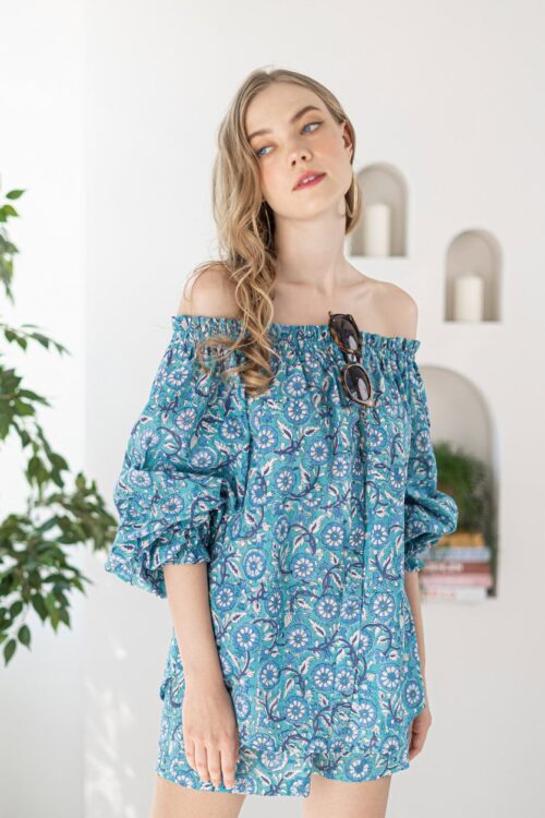 Shoulder blue dress with floral pattern, perfect for summer outings.