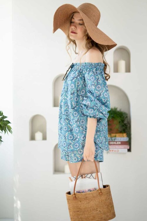 Shoulder blue dress with floral pattern, perfect for summer outings.