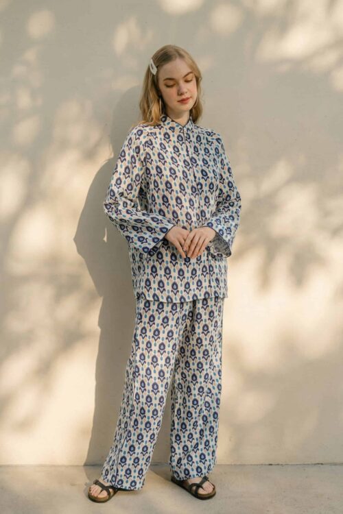 Comfortable floral pajama set for relaxed lounging and sleep.