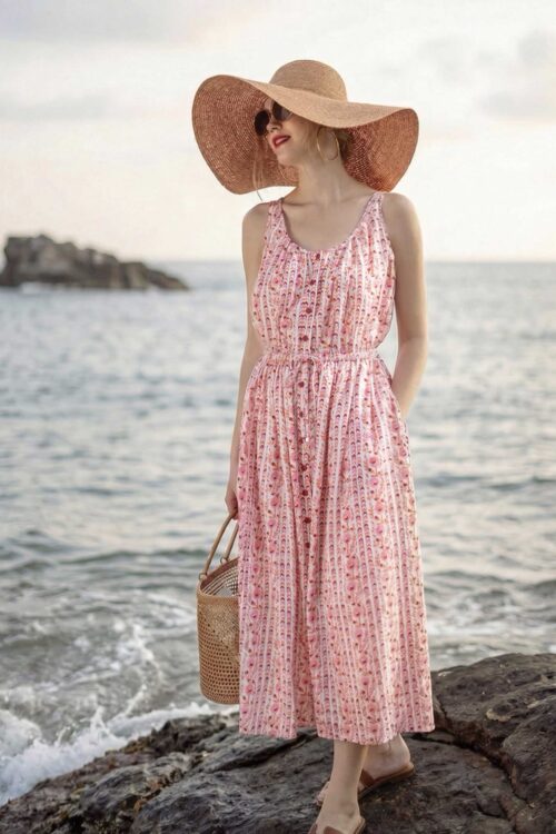 Summer lady in a pink patterned sundress with a wide-brimmed hat at the beach.