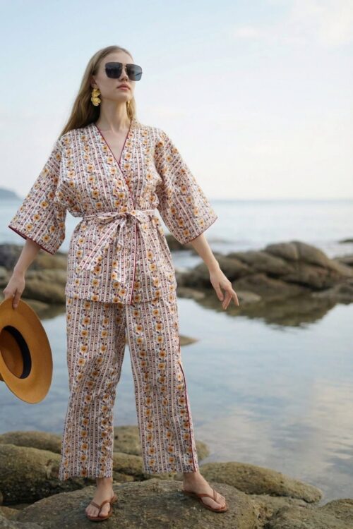 Stylish woman in patterned beachwear on rocky shoreline under cloudy sky.